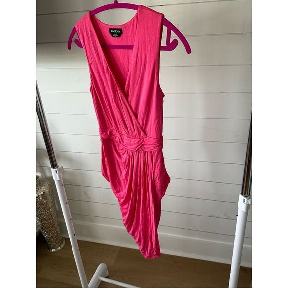 Bebe Faux Wrap Plunge Neck Mini Dress Pink Sz XS - Picture 4 of 12